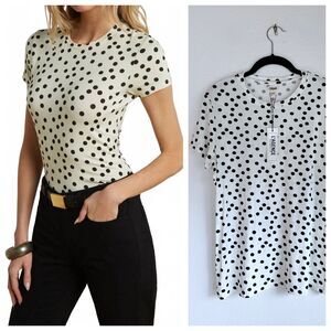 NWT L'Agence Ressi Polka Dot Short Sleeve Crew Neck Tee in Ecru & Black Size M